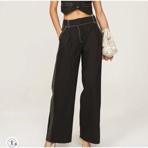 Jonathan Simkhai Black Striped Pants MEDIUM Wide Leg Tavar Linen Designer $345